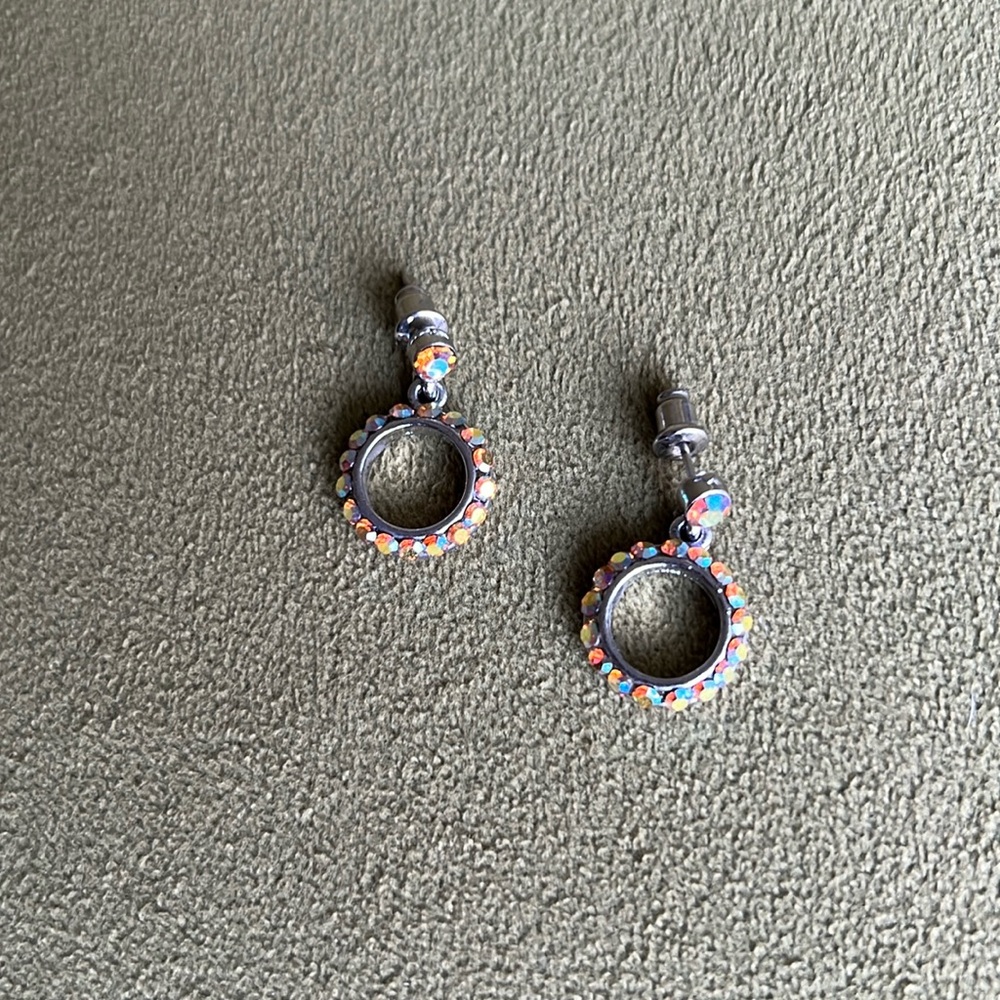 Silver Iridescent Crystal Post Earrings - Coral/Orange